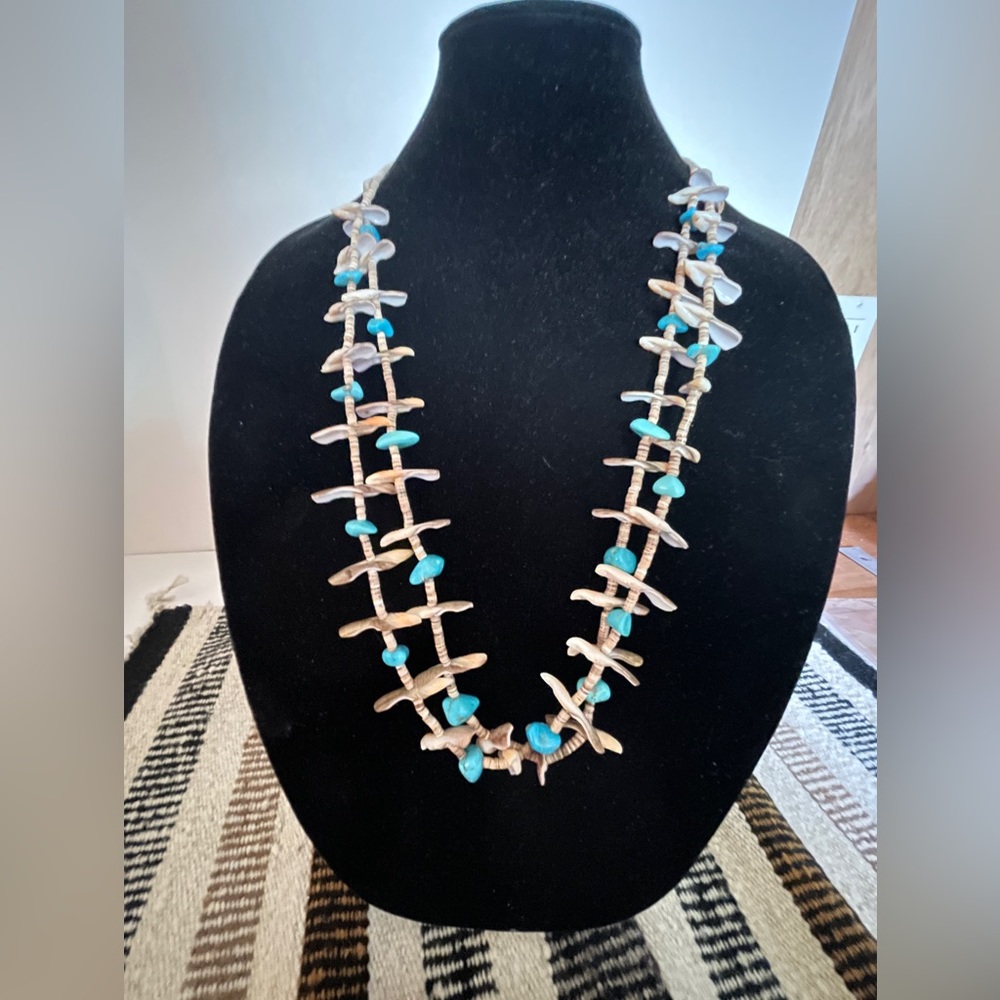 Vtg. Zuni Double  Strand Turquoise, Howlite Sliced Shell, Heishe Necklace 30”L.